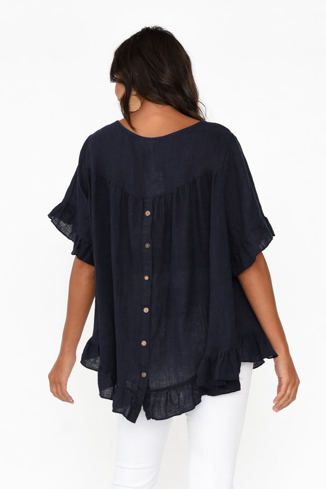 Genevieve Navy Linen Frill Top