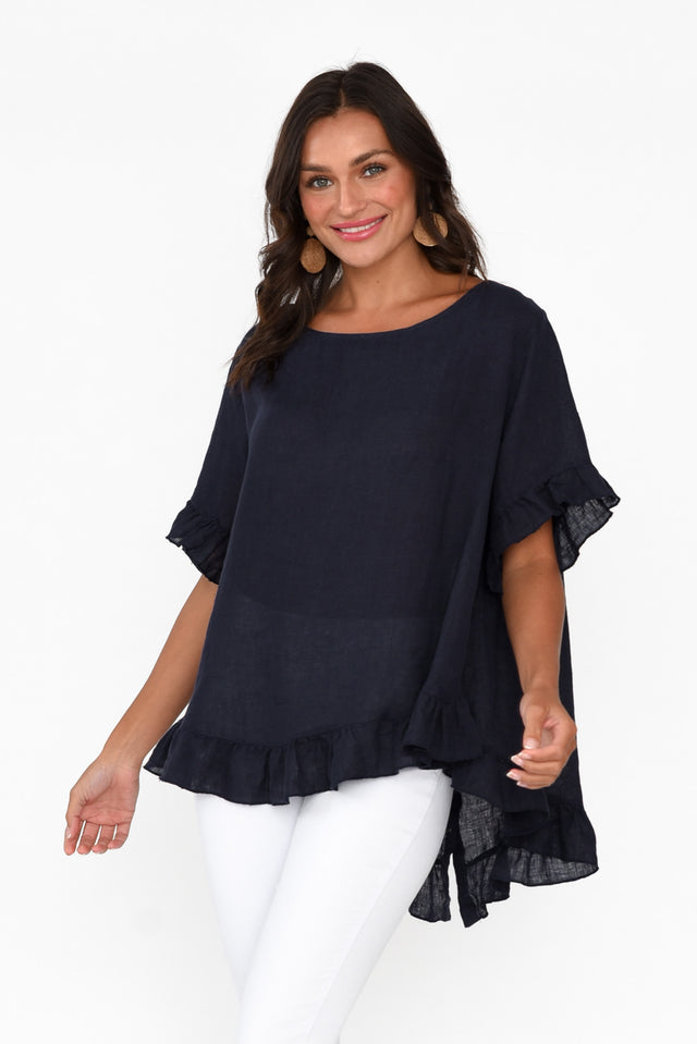Genevieve Navy Linen Frill Top