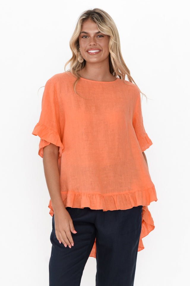 Genevieve Orange Linen Frill Top neckline_Round  alt text|model:Imogen;wearing:S/M