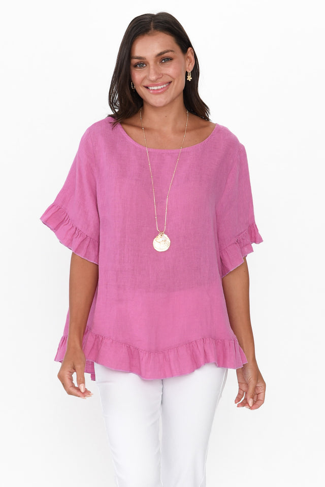 Genevieve Pink Linen Frill Top