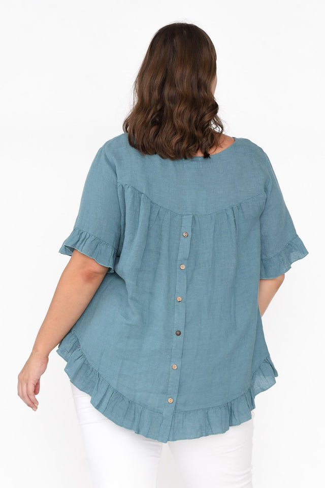 Genevieve Steel Linen Frill Top