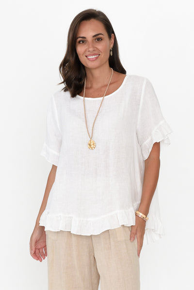 Genevieve White Linen Frill Top neckline_Round
