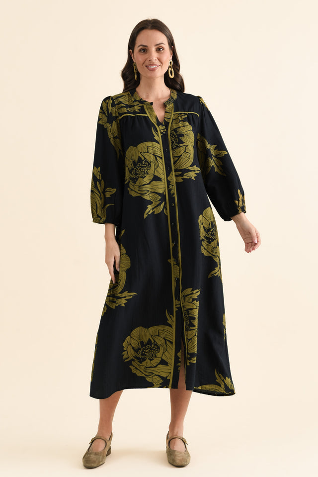 Georgia Navy Flower Tie Dress,brunette model,Front of Outfit,alt text|model:MJ image 1