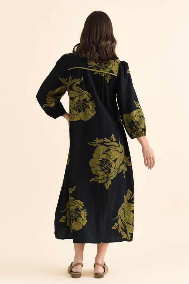 Georgia Navy Flower Tie Dress,brunette model,Back of Outfit,alt text|model:MJ image 4