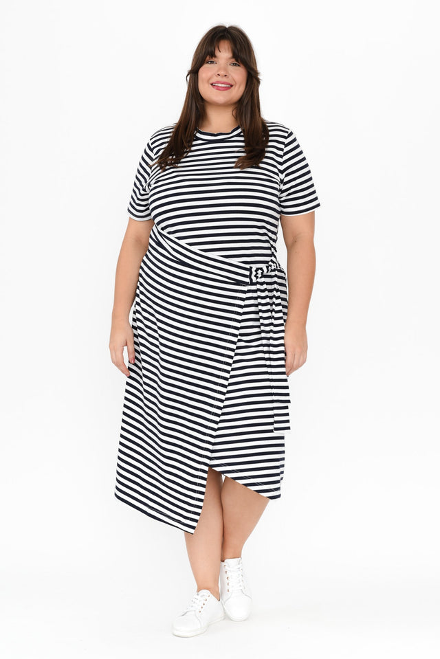 Georgie Navy Stripe Wrap Cotton Tee Dress,Brunette model,alt text|model:Gabby image 12
