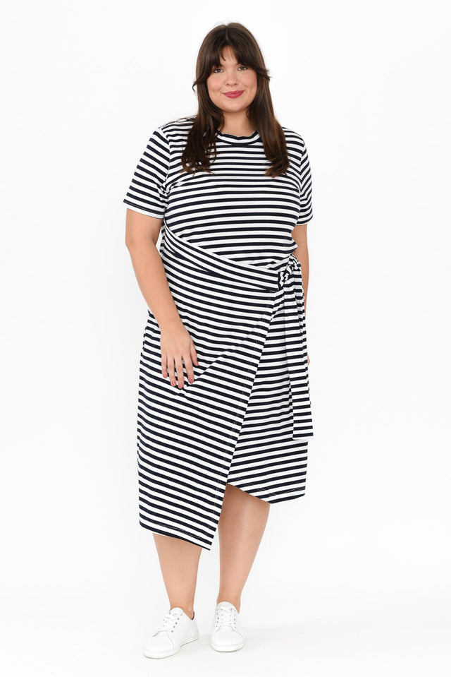 Georgie Navy Stripe Wrap Cotton Tee Dress,Brunette model,alt text|model:Gabby image 9