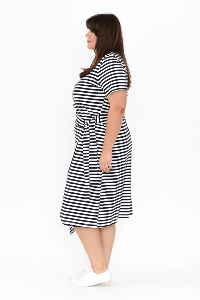 Georgie Navy Stripe Wrap Cotton Tee Dress,Brunette model,alt text|model:Gabby image 10