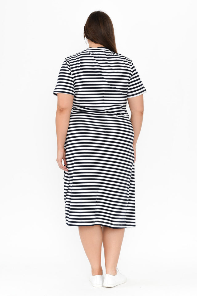 Georgie Navy Stripe Wrap Cotton Tee Dress,Brunette model,alt text|model:Gabby image 11