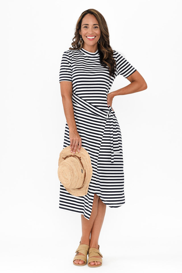 Georgie Navy Stripe Wrap Cotton Tee Dress,Brunette model,alt text|model:Nicole image 2