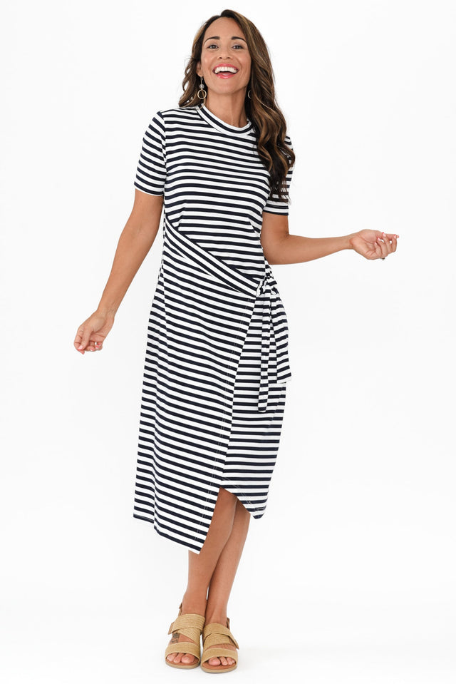 Georgie Navy Stripe Wrap Cotton Tee Dress,Brunette model,alt text|model:Nicole image 5