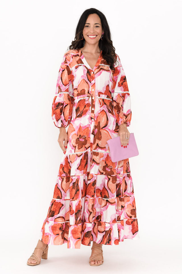 Gertie Pink Floral Cotton Tier Dress,Brunette model,alt text|model:Nicole