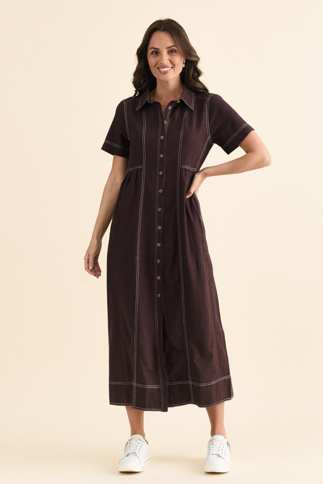 Gertrude Chocolate Contrast Pocket Dress,brunette model,Full Outfit,alt text|model:MJ image 2