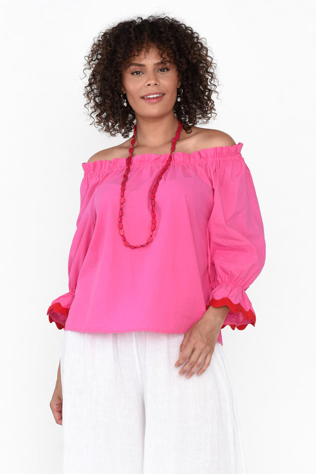 Gibson Pink Cotton Off Shoulder Top neckline_Square  alt text|model:Guyala;wearing:S image 1
