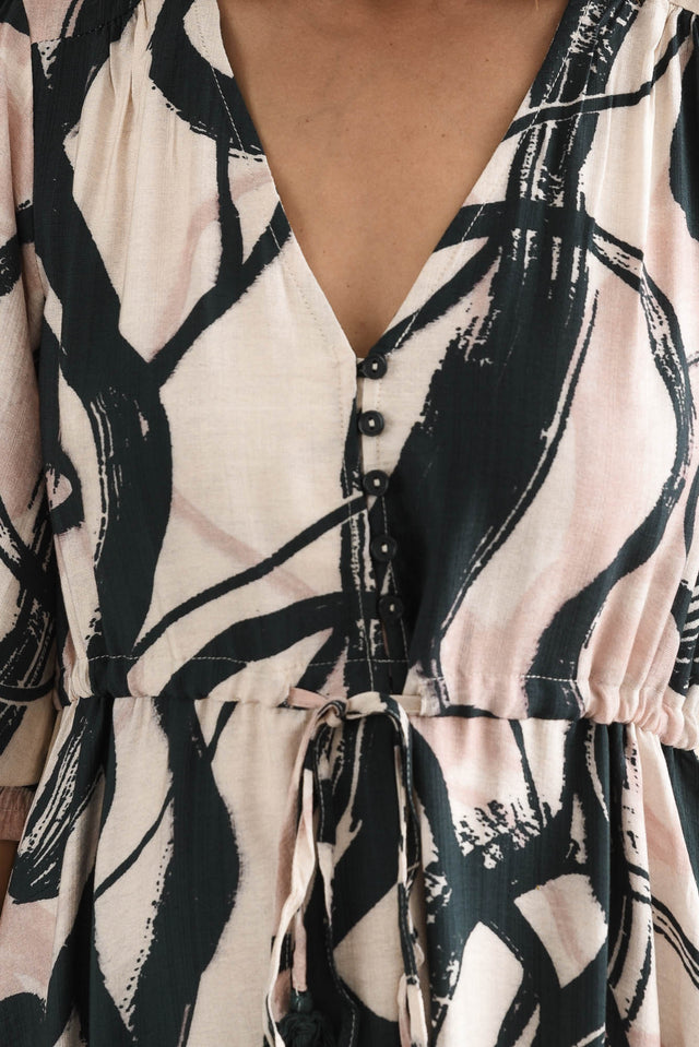 Gilda Black Brush Stroke Tie Dress,brunette model,Close up of outfit,alt text|model:Cara image 5