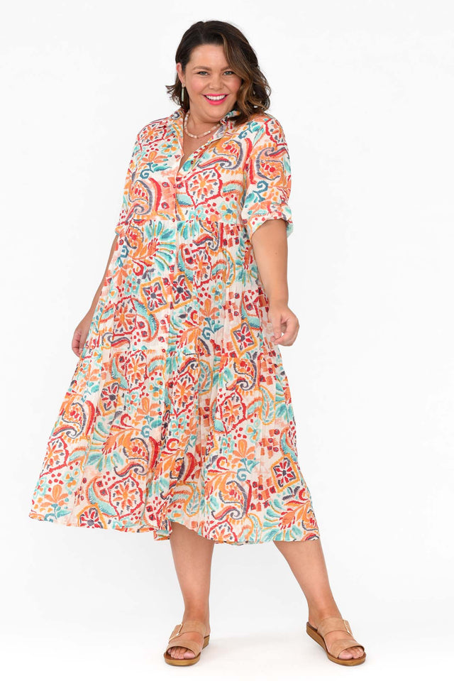 Giza Orange Abstract Organic Cotton Collared Dress,plus-size,curve-dresses,plus-size-sleeved-dresses,plus-size-below-knee-dresses,plus-size-midi-dresses,plus-size-cotton-dresses,plus-size-summer-dresses image 7
