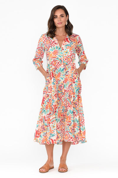 Giza Orange Abstract Organic Cotton Collared Dress