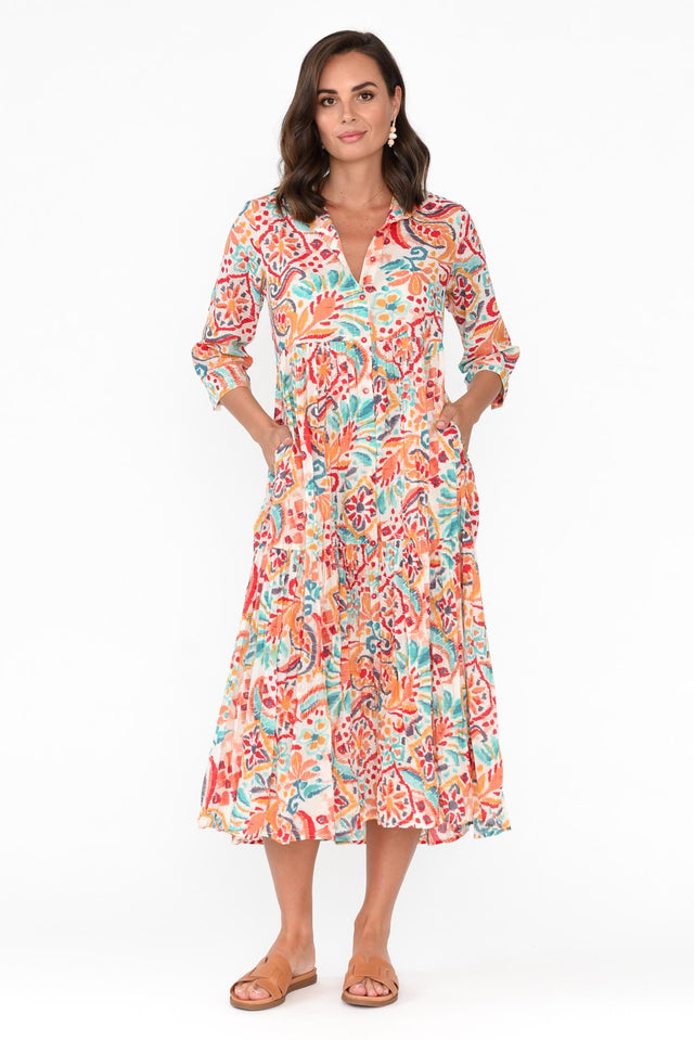 Giza Orange Abstract Organic Cotton Collared Dress,Lifestyle image 1