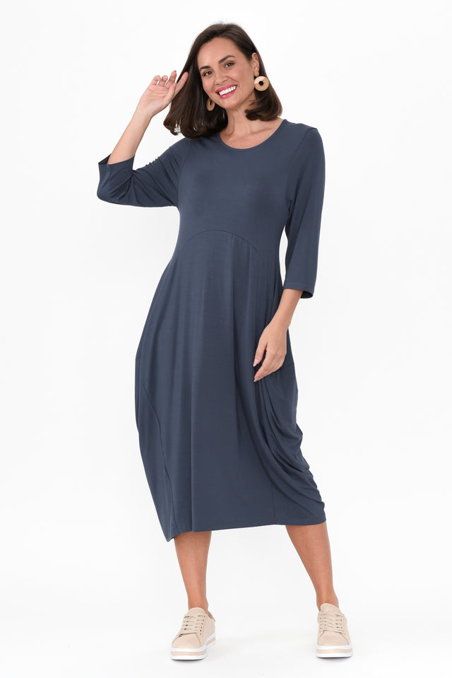 Glenda Blue Crescent Dress hem_Straight length_Midi sleeve_3/4 neckline_Round sleevetype_Straight print_Plain colour_Blue DRESSES alt text|model:MJ