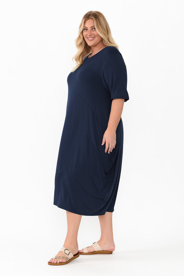 Glenda Navy Short Sleeve Crescent Dress,Blonde model,alt text|model:Caitlin image 12