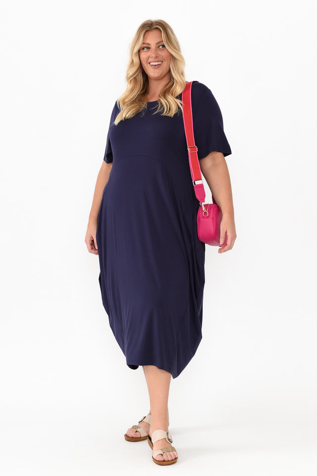 Glenda Navy Short Sleeve Crescent Dress,Blonde model,plus-size,curve-dresses,plus-size-midi-dresses,plus-size-summer-dresses,alt text|model:Caitlin