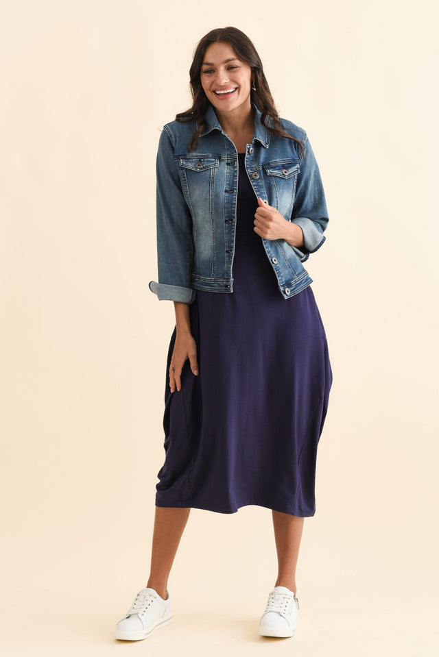 Glenda Navy Short Sleeve Crescent Dress,Brunette model,alt text|model:Brontie