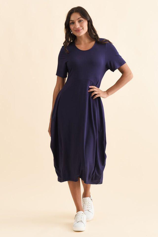 Glenda Navy Short Sleeve Crescent Dress,Brunette model,alt text|model:Brontie image 9