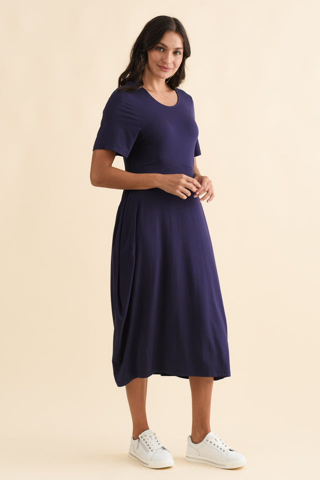 Glenda Navy Short Sleeve Crescent Dress,Brunette model,alt text|model:Brontie image 6