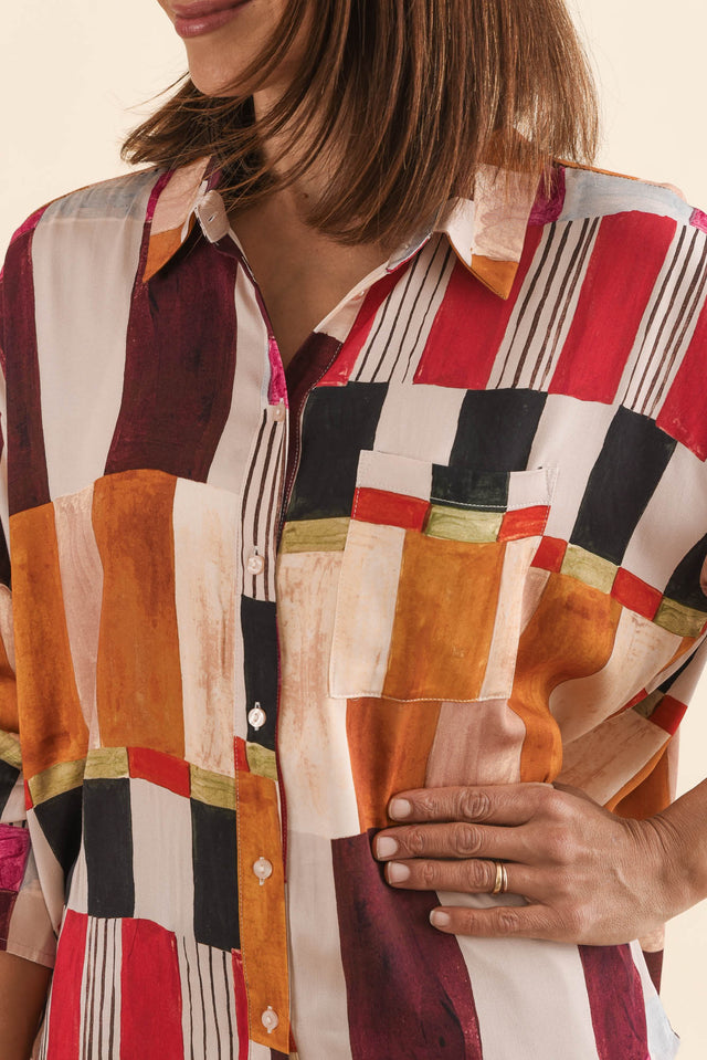 Glenda Red Geo Collared Shirt,Detail,Brunette model,alt text|model:Cara image 5