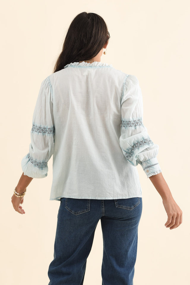 Gloria Blue Embroidered Cotton Top,Brunette model,alt text|model:Brontie image 5