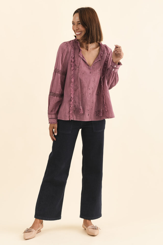 Gloria Dark Pink Embroidered Cotton Top,Brunette model,alt text|model:Cara image 7