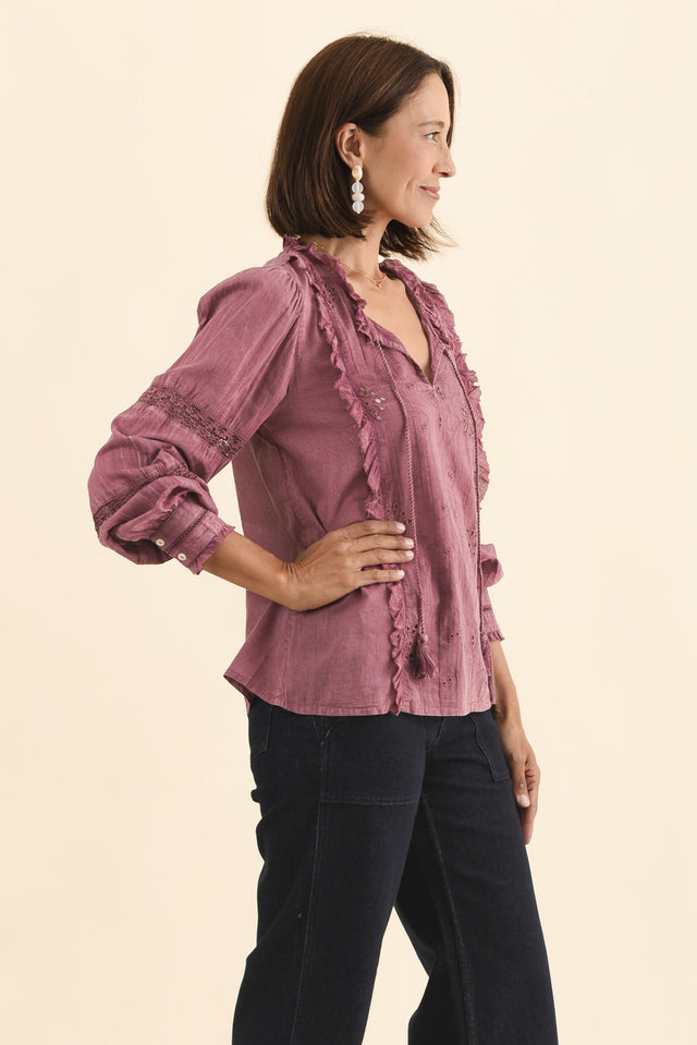 Gloria Dark Pink Embroidered Cotton Top,Brunette model,alt text|model:Cara image 4