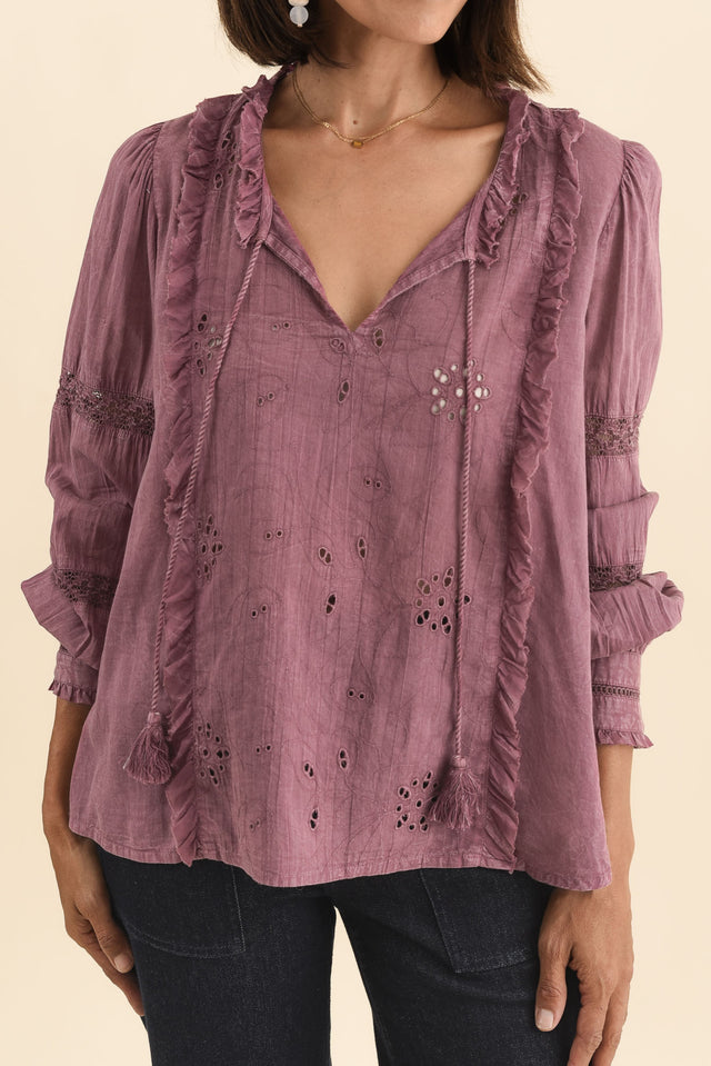 Gloria Dark Pink Embroidered Cotton Top,Brunette model,alt text|model:Cara image 6
