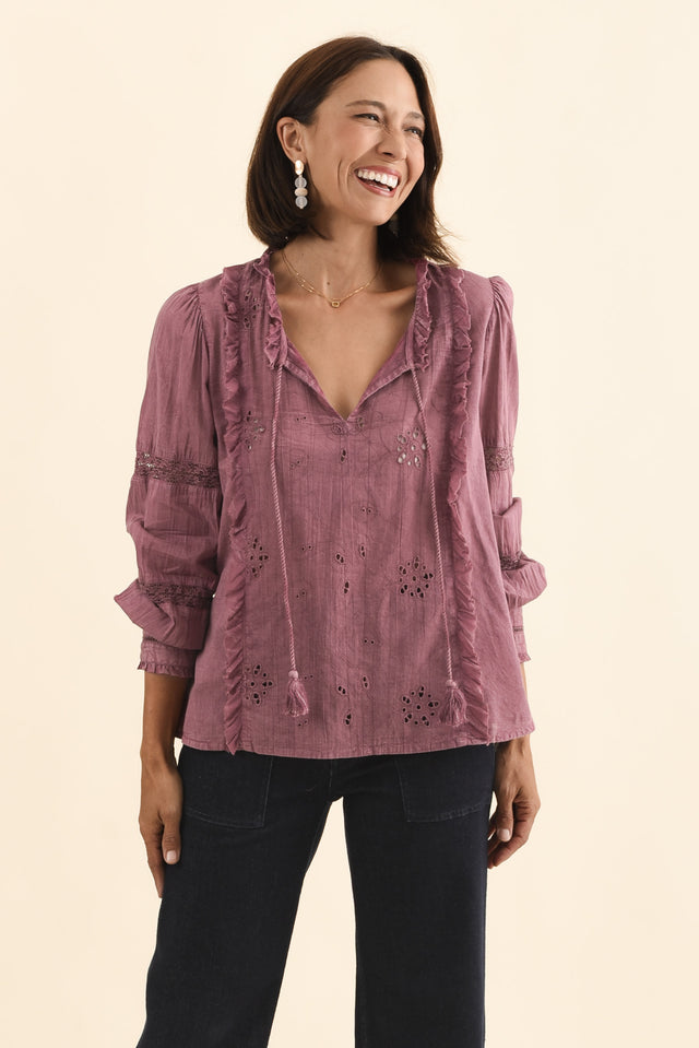 Gloria Dark Pink Embroidered Cotton Top,Brunette model,alt text|model:Cara image 1