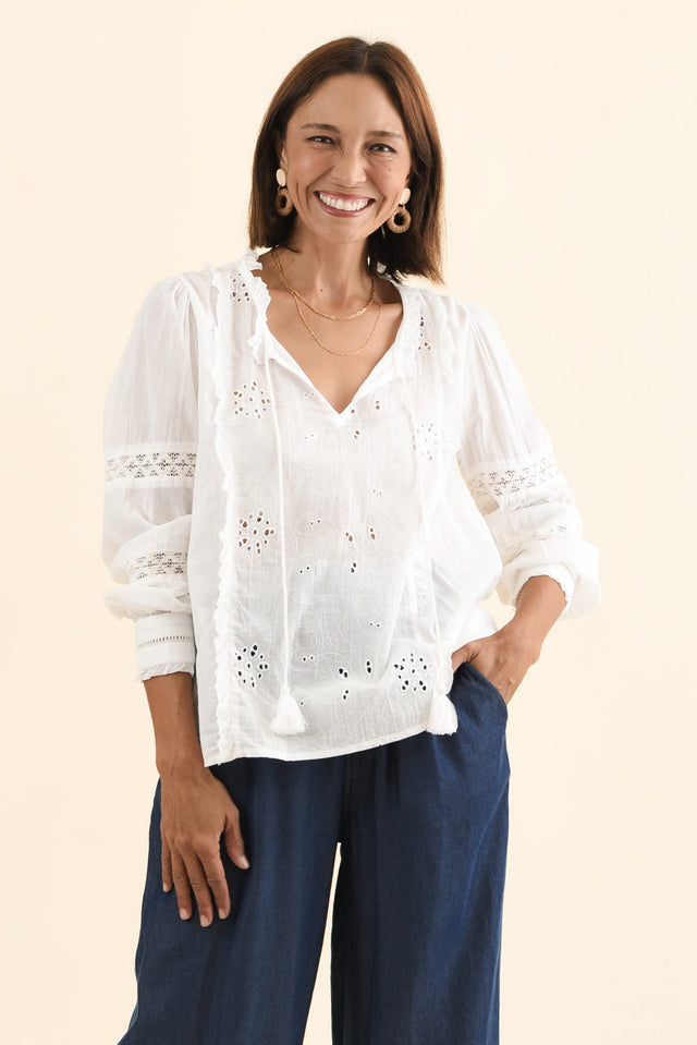 Gloria White Embroidered Cotton Top,Brunette model,alt text|model:Cara image 1