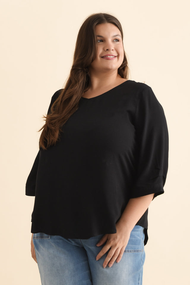 Gomez Black Button Top,Brunette model,plus-size,curve-basics,curve-tops,plus-size-sleeved-tops,plus-size-linen-tops,plus-size-basic-tops,plus-size-work-edit,alt text|model:Gabby