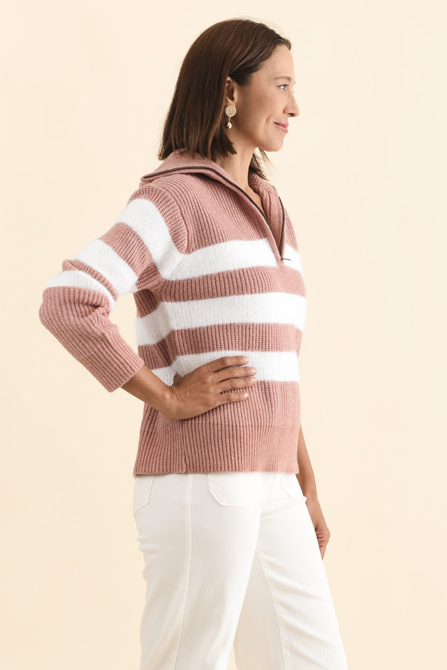 Gracie Pink Stripe Half Zip Knit Jumper,Brunette model,alt text|model:Cara image 4
