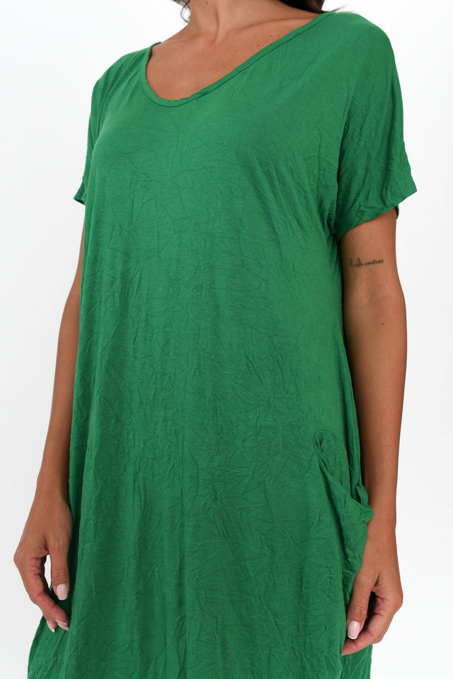 Green Pocket Crinkle Cotton Midi Dress
