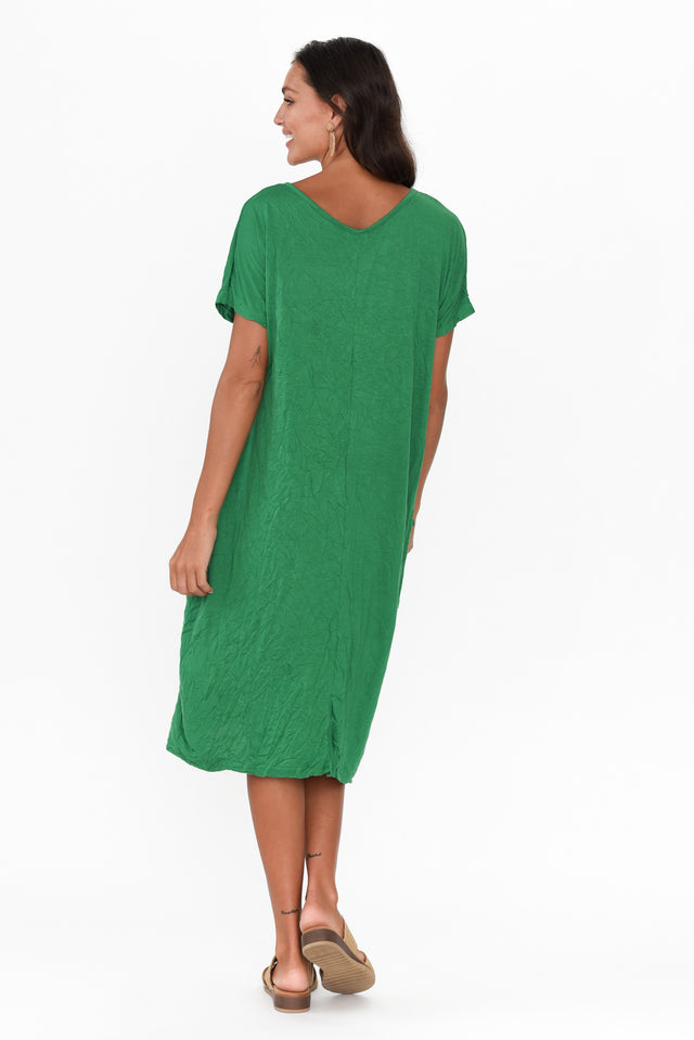 Green Pocket Crinkle Cotton Midi Dress