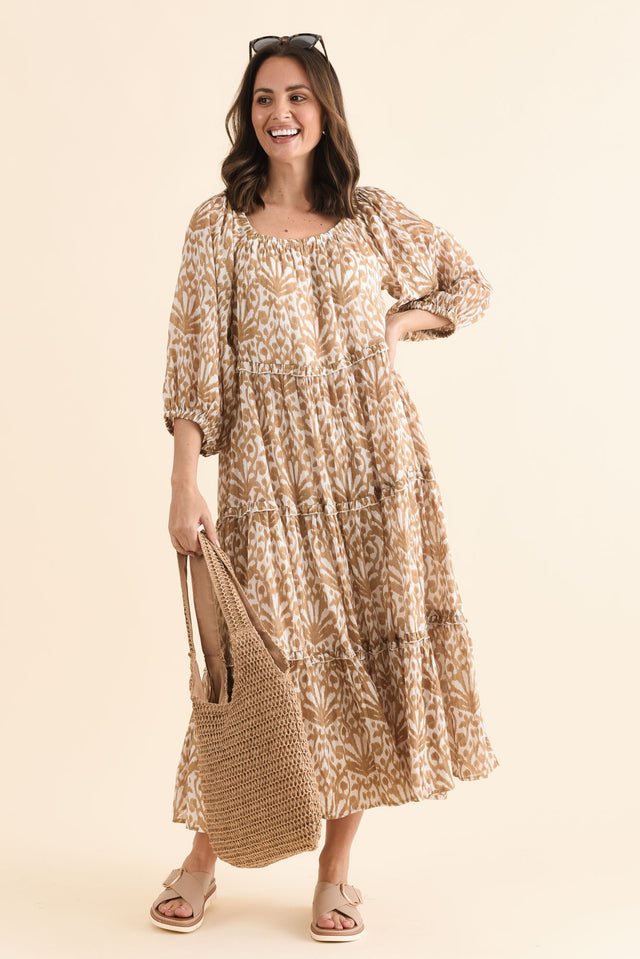 Grenadine Taupe Motif Cotton Dress,Front,Brunette model,alt text|model:MJ image 1