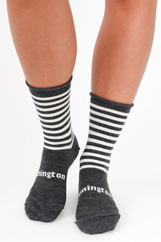 Grey Stripe Merino Wool Rolled Crew Socks image 3