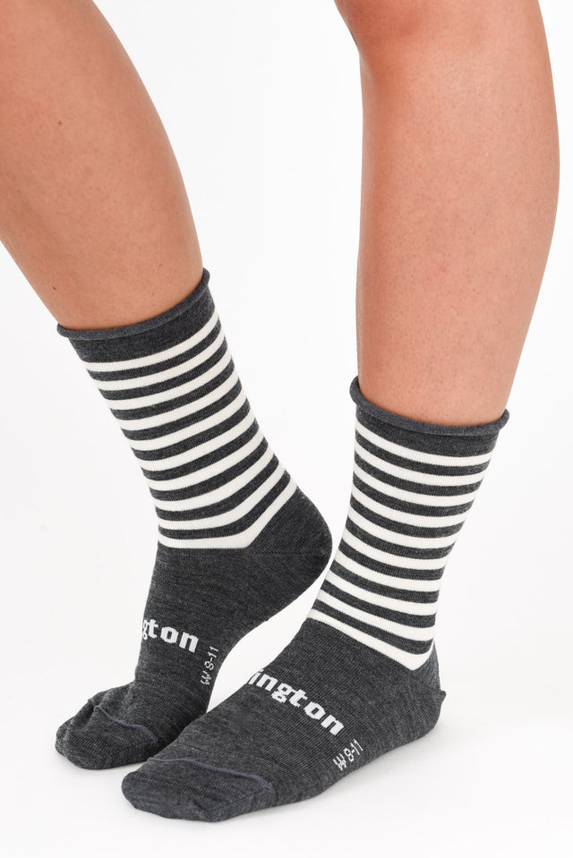 Grey Stripe Merino Wool Rolled Crew Socks image 1