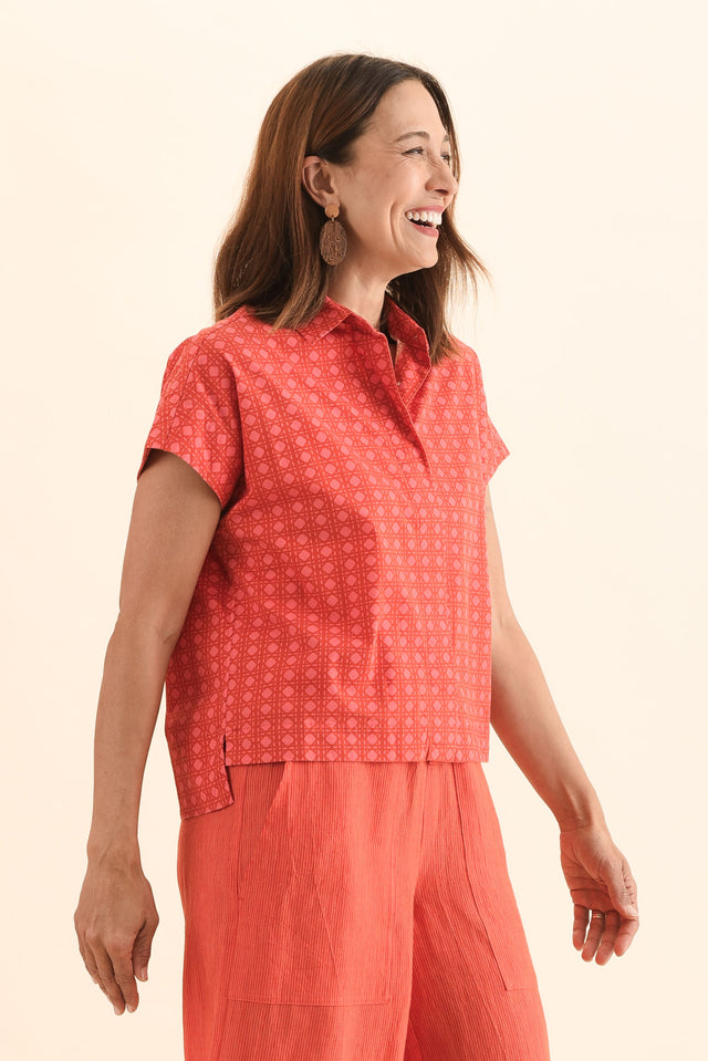 Grover Orange Check Cotton Shirt,Side,Brunette model,alt text|model:Cara image 3