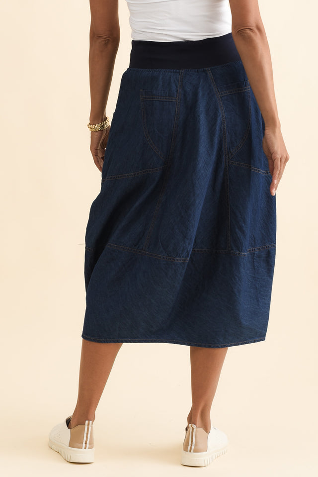 Gwen Blue Denim Pocket Skirt,Brunette model,alt text|model:Cara image 5
