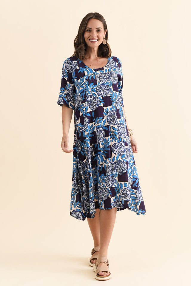 Hailee Navy Flower Linen Cotton Dress,Brunette model,alt text|model:MJ image 3