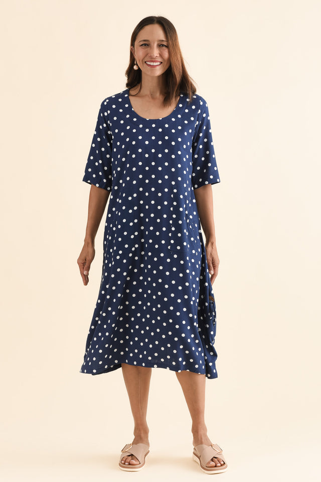 Hailee Navy Spot Linen Cotton Dress,Full Body,Brunette model,alt text|model:Cara image 6