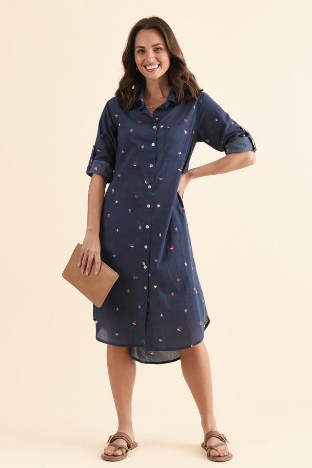 Hailey Navy Nautical Cotton Button Kaftan,Front,Brunette model,alt text|model:MJ image 1