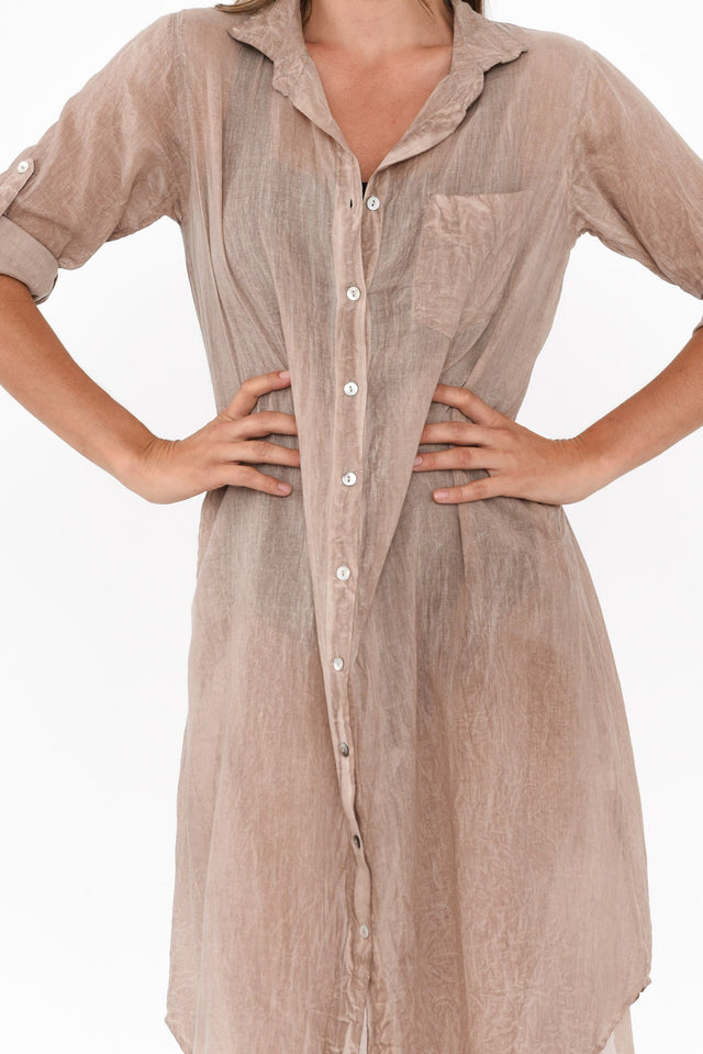 Hailey Taupe Cotton Button Kaftan,Brunette model,alt text|model:Johanna image 7