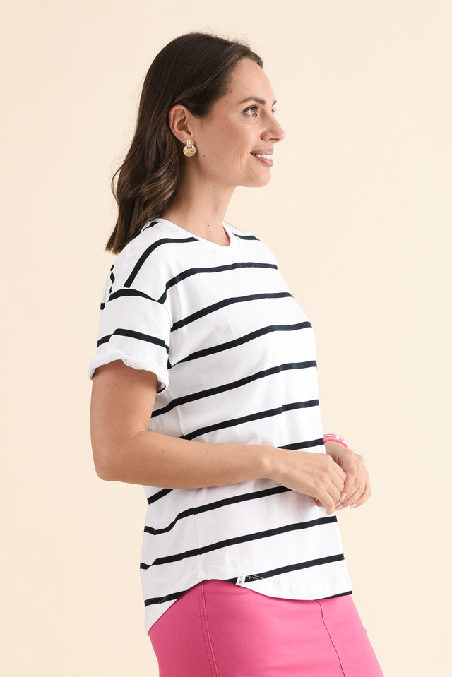 Halli White Stripe Cotton Tee,Side,Brunette model,alt text|model:MJ image 3