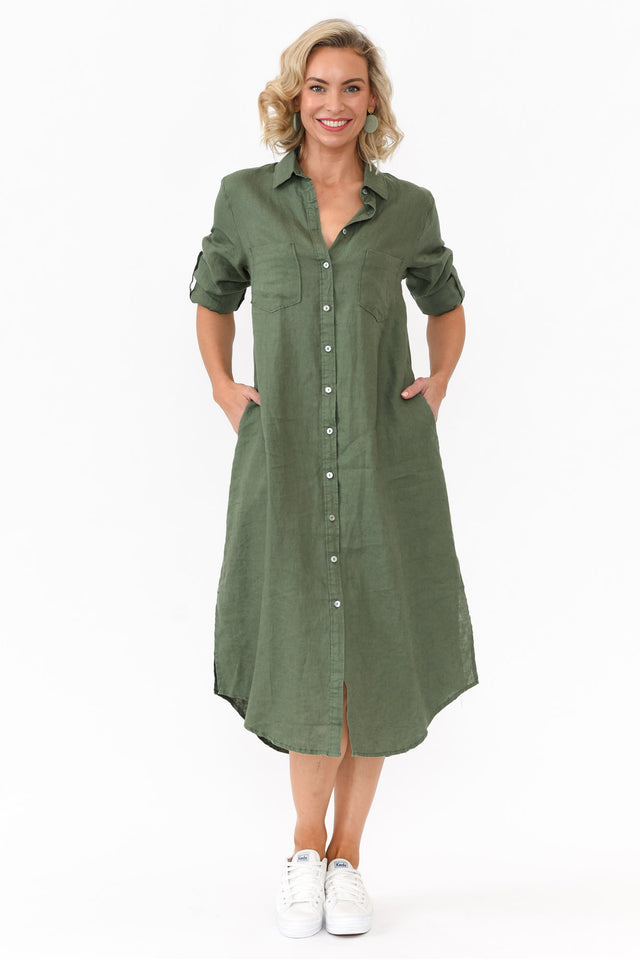 Halston Green Linen Relaxed Shirt Dress