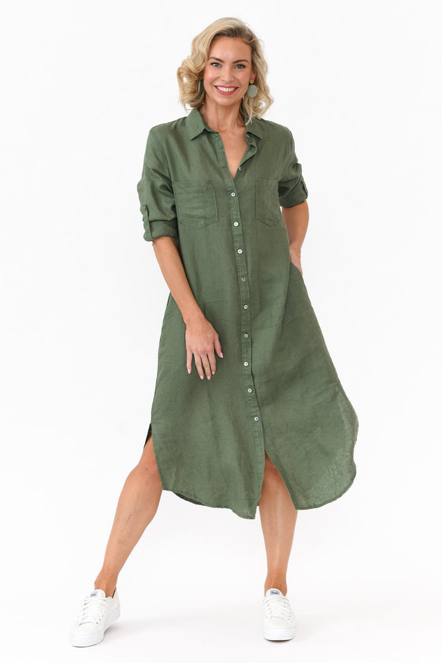 Halston Green Linen Relaxed Shirt Dress